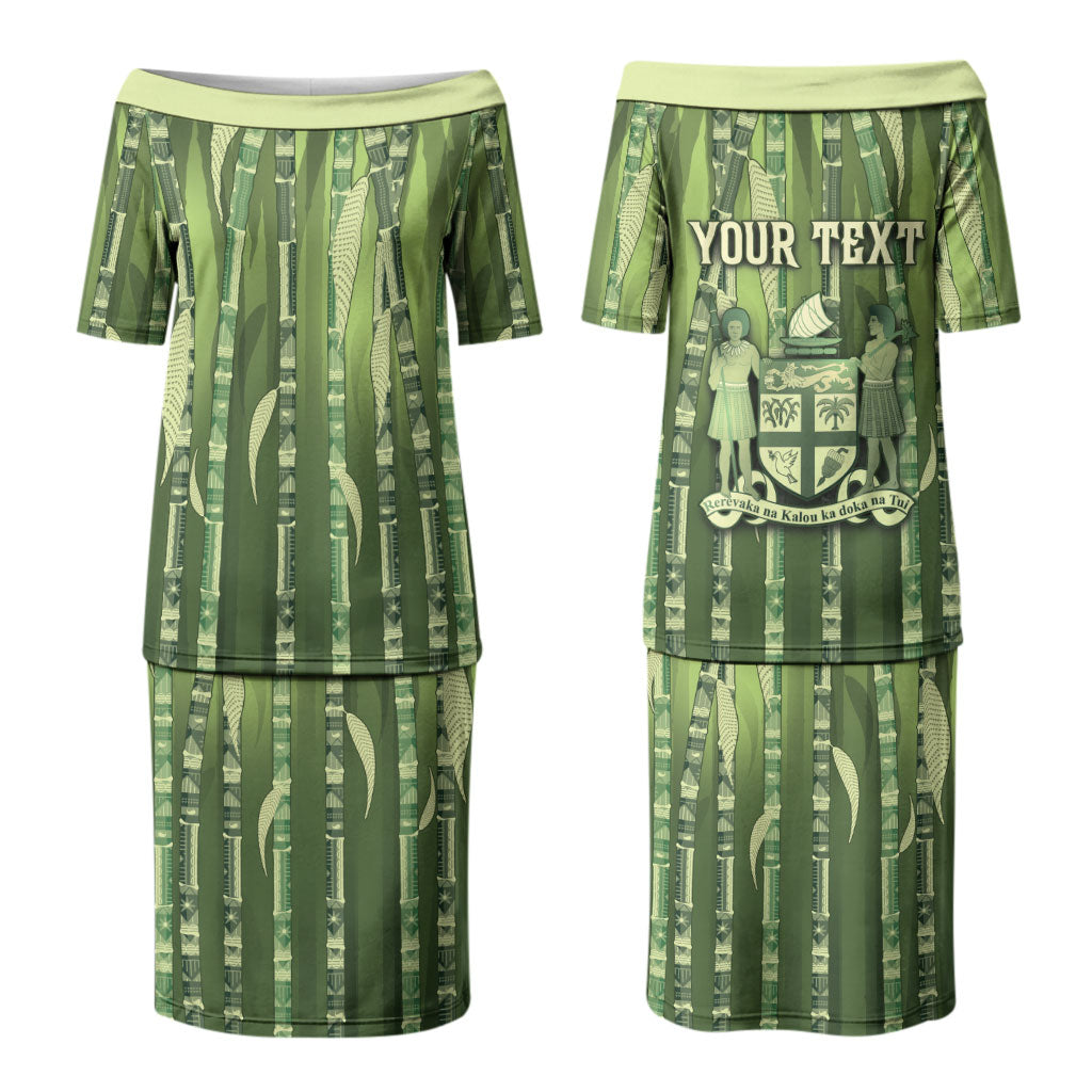 Personalised Fiji Language Week Sugarcane Masi Couples Matching Puletasi and Long Sleeve Button Shirt Green Tapa Tribal Pattern DT05 - Polynesian Pride