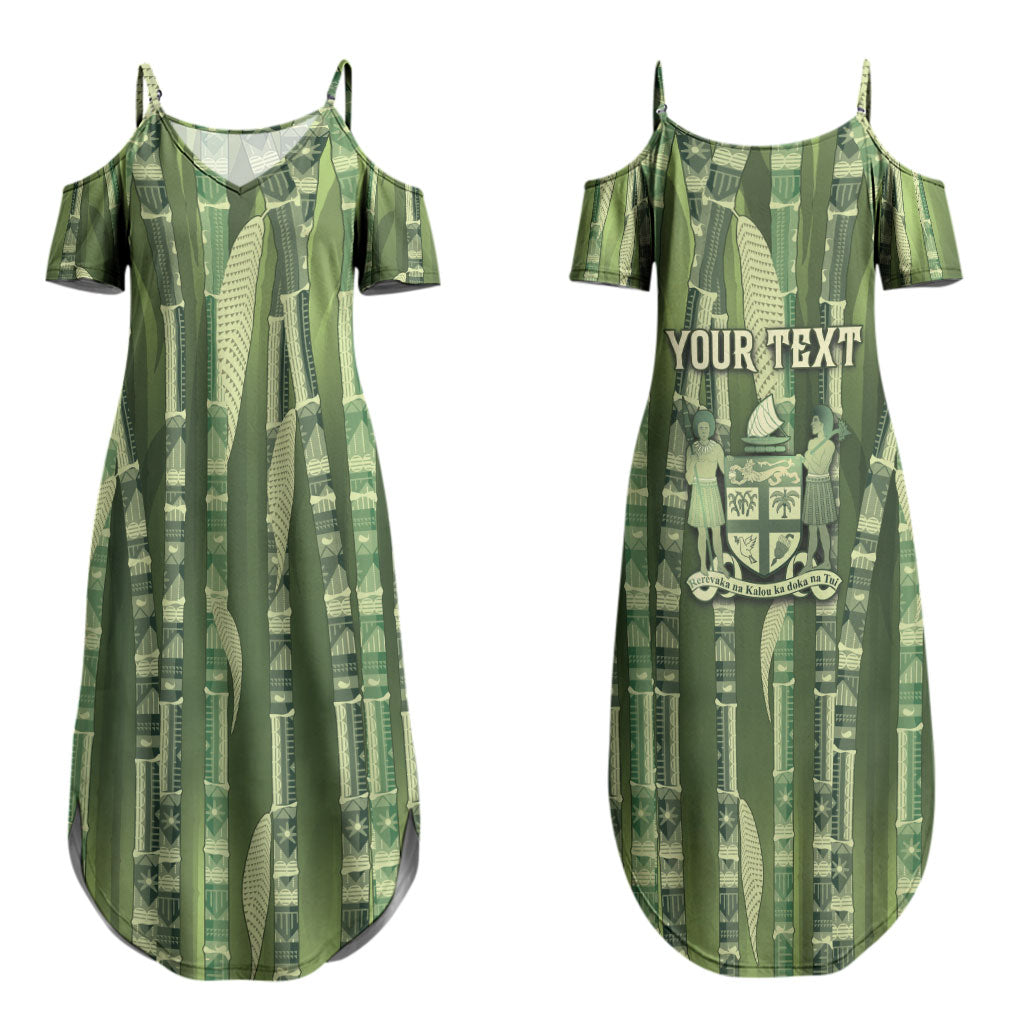 Personalised Fiji Language Week Sugarcane Masi Couples Matching Summer Maxi Dress and Long Sleeve Button Shirt Green Tapa Tribal Pattern