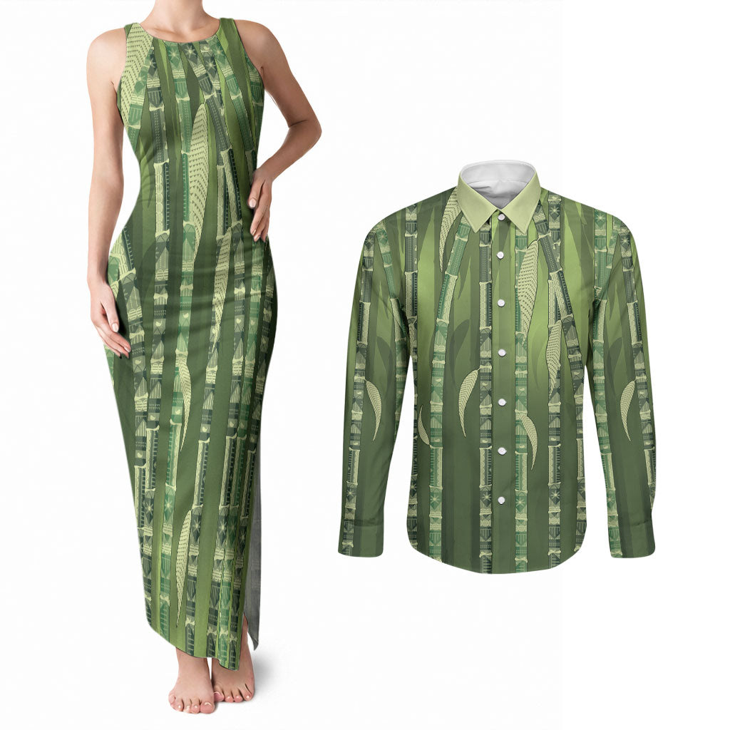 Personalised Fiji Language Week Sugarcane Masi Couples Matching Tank Maxi Dress and Long Sleeve Button Shirt Green Tapa Tribal Pattern DT05 Green - Polynesian Pride