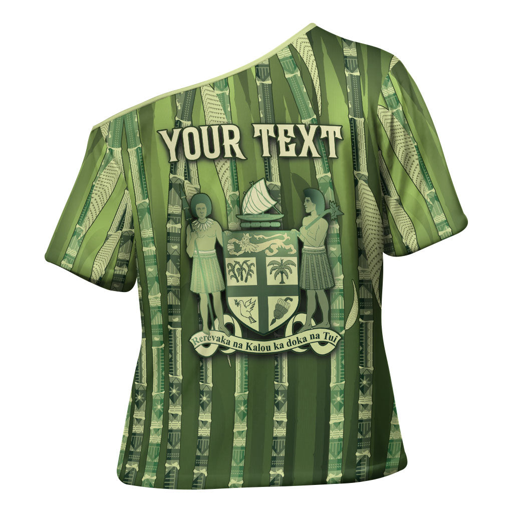 Personalised Fiji Language Week Sugarcane Masi Cross Shoulder Shirt Green Tapa Tribal Pattern