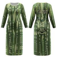Personalised Fiji Language Week Sugarcane Masi Family Matching Long Sleeve Bodycon Dress and Hawaiian Shirt Green Tapa Tribal Pattern DT05 Mom's Dress Green - Polynesian Pride