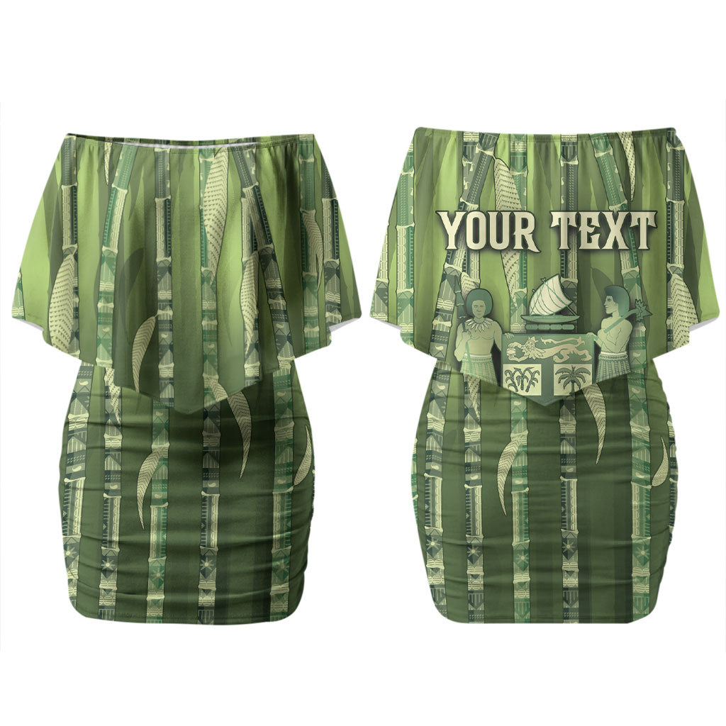 Personalised Fiji Language Week Sugarcane Masi Family Matching Off Shoulder Short Dress and Hawaiian Shirt Green Tapa Tribal Pattern DT05 Mom's Dress Green - Polynesian Pride