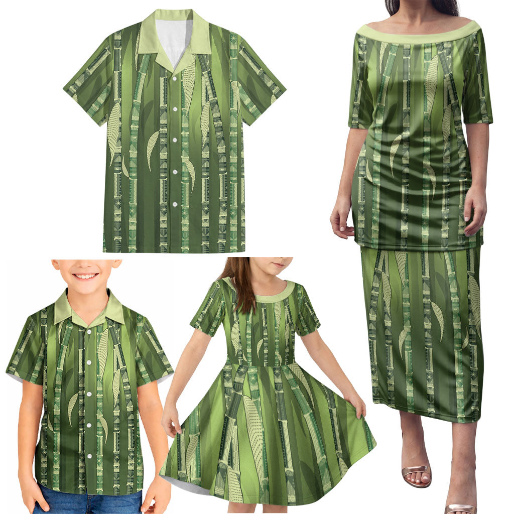 Personalised Fiji Language Week Sugarcane Masi Family Matching Puletasi and Hawaiian Shirt Green Tapa Tribal Pattern