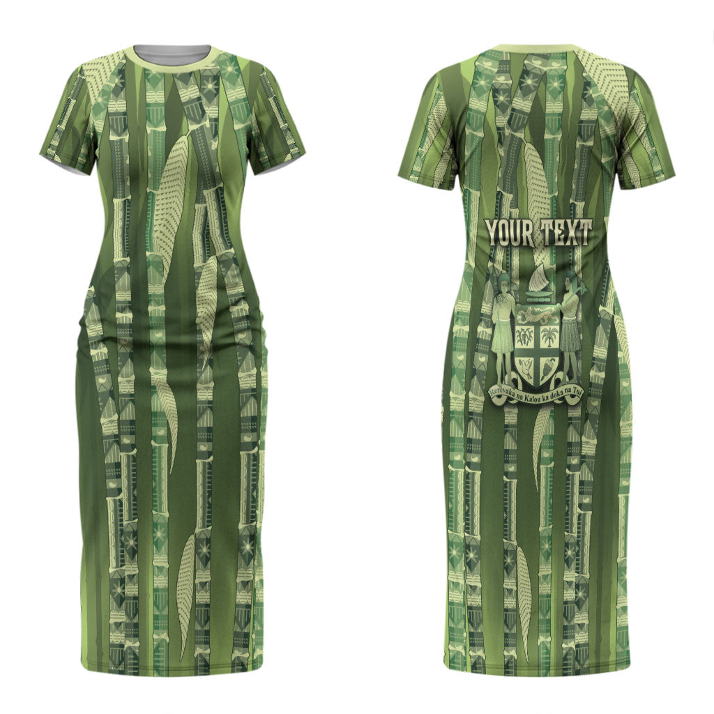 Personalised Fiji Language Week Sugarcane Masi Family Matching Short Sleeve Bodycon Dress and Hawaiian Shirt Green Tapa Tribal Pattern DT05 Mom's Dress Green - Polynesian Pride