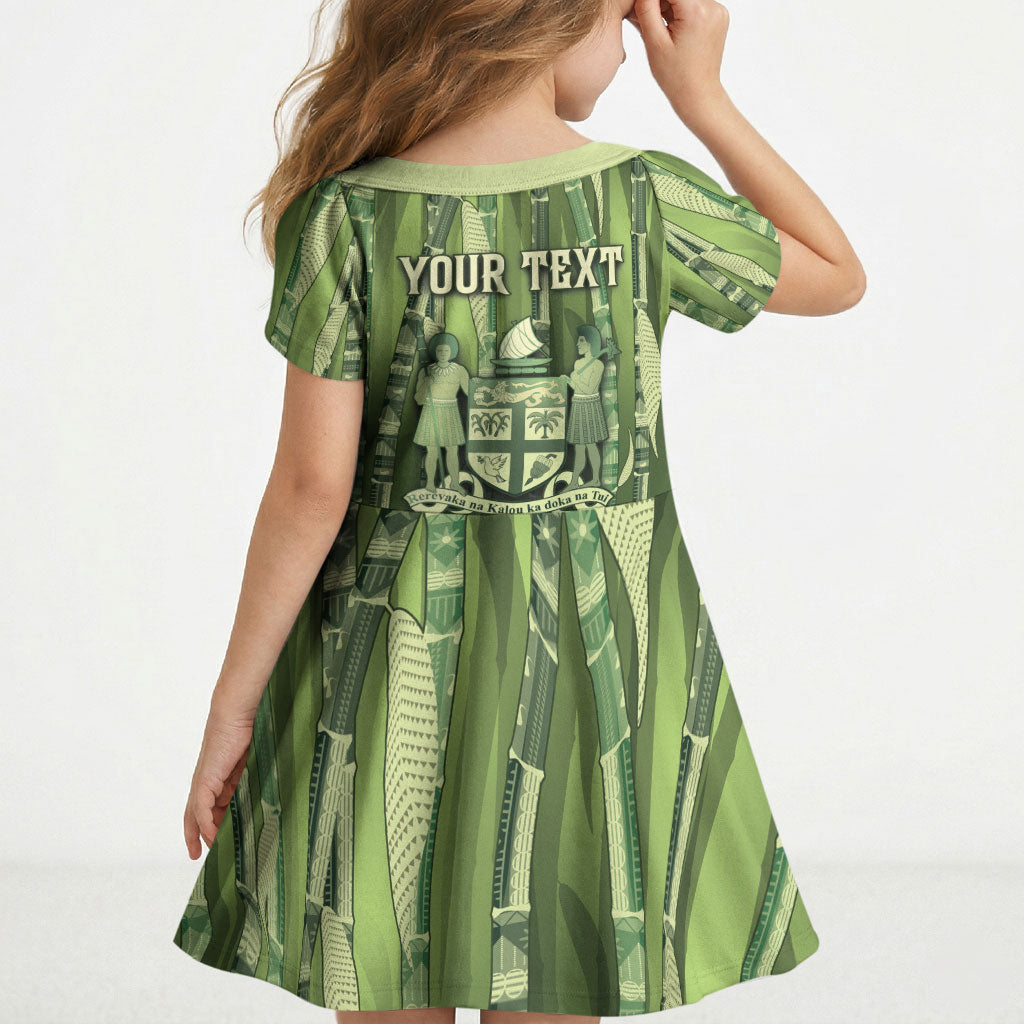Personalised Fiji Language Week Sugarcane Masi Kid Short Sleeve Dress Green Tapa Tribal Pattern