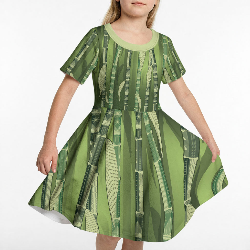 Personalised Fiji Language Week Sugarcane Masi Kid Short Sleeve Dress Green Tapa Tribal Pattern