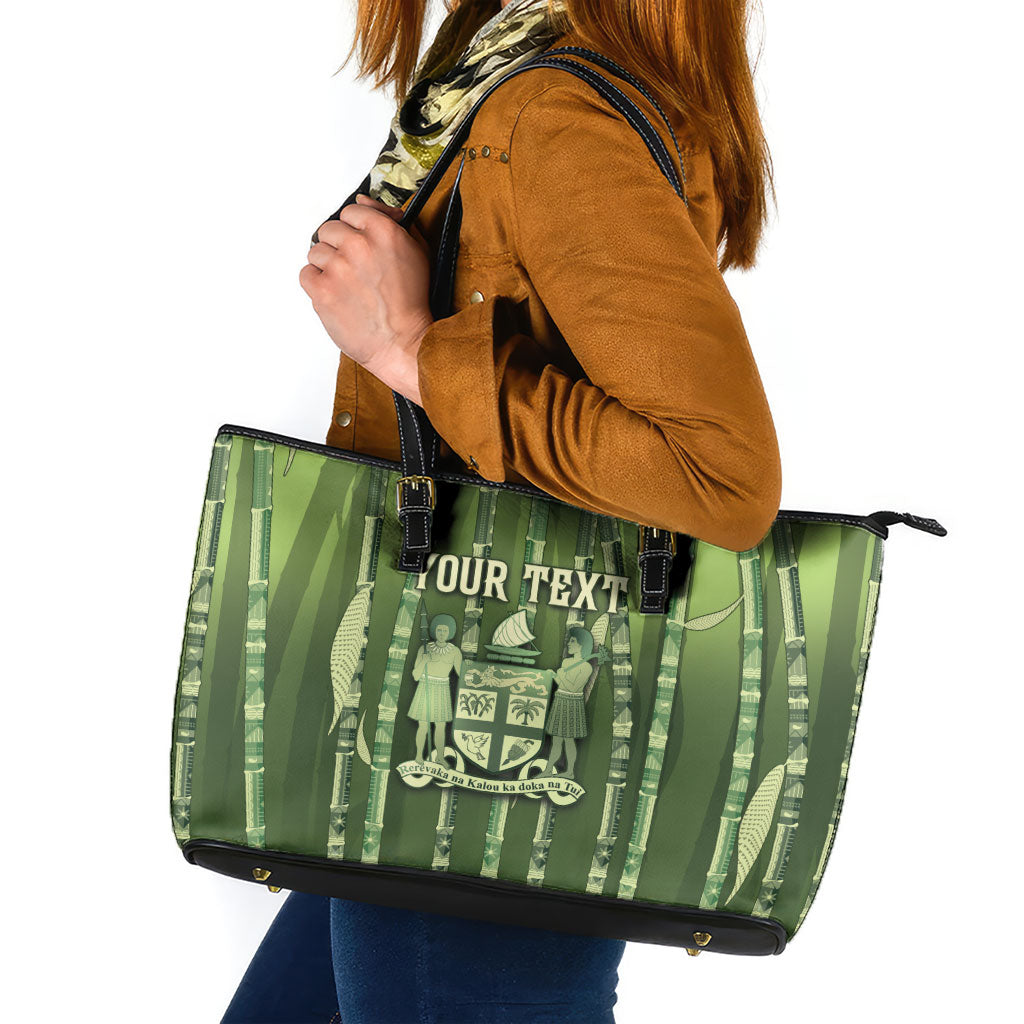 Personalised Fiji Language Week Sugarcane Masi Leather Tote Bag Green Tapa Tribal Pattern