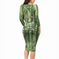 Personalised Fiji Language Week Sugarcane Masi Long Sleeve Bodycon Dress Green Tapa Tribal Pattern DT05 - Polynesian Pride