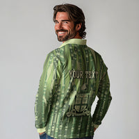 Personalised Fiji Language Week Sugarcane Masi Long Sleeve Polo Shirt Green Tapa Tribal Pattern