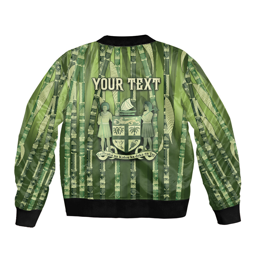Personalised Fiji Language Week Sugarcane Masi Sleeve Zip Bomber Jacket Green Tapa Tribal Pattern