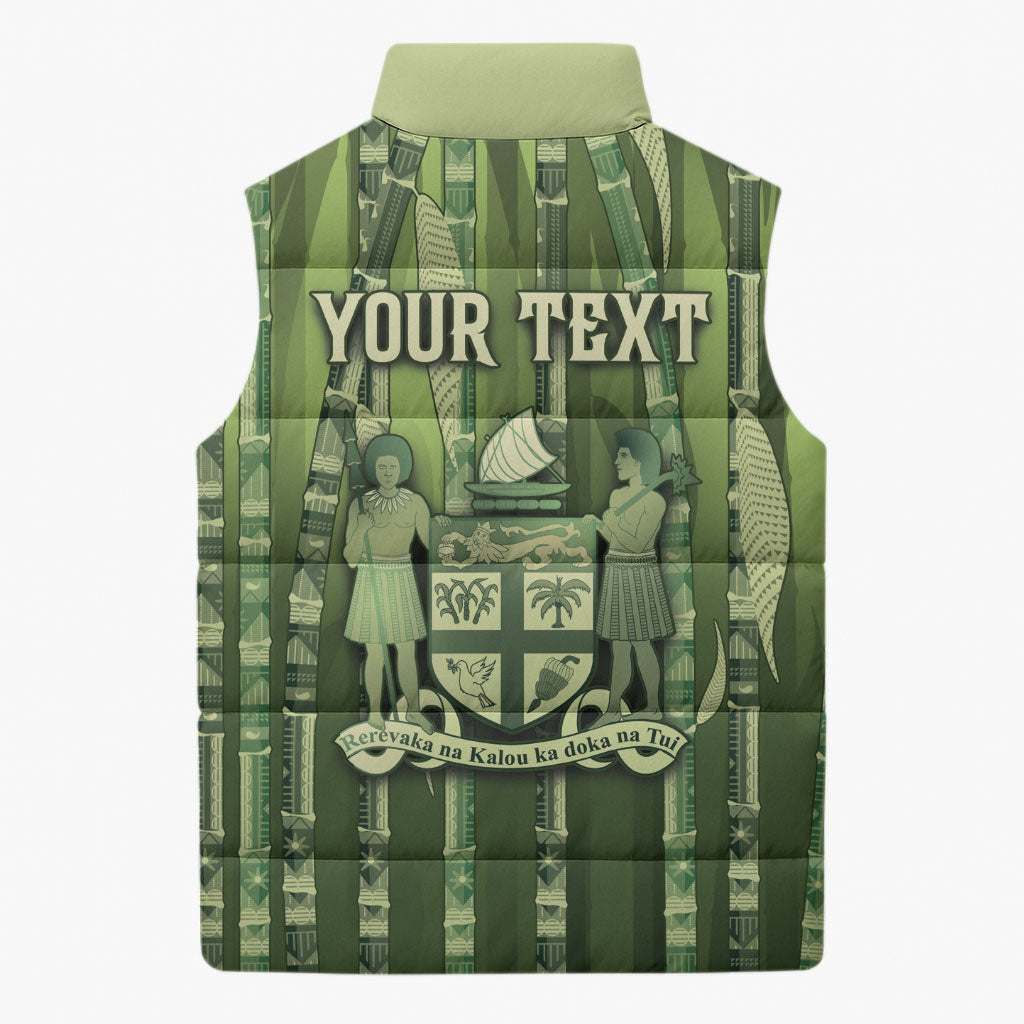 Personalised Fiji Language Week Sugarcane Masi Sleeveless Puffer Jacket Green Tapa Tribal Pattern DT05 - Polynesian Pride