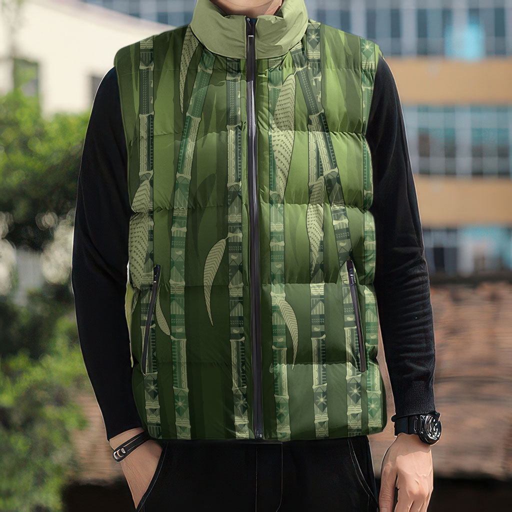 Personalised Fiji Language Week Sugarcane Masi Sleeveless Puffer Jacket Green Tapa Tribal Pattern DT05 - Polynesian Pride