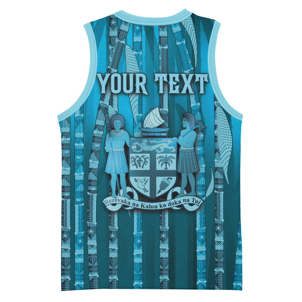 Personalised Fiji Language Week Sugarcane Masi Basketball Jersey Blue Tapa Tribal Pattern