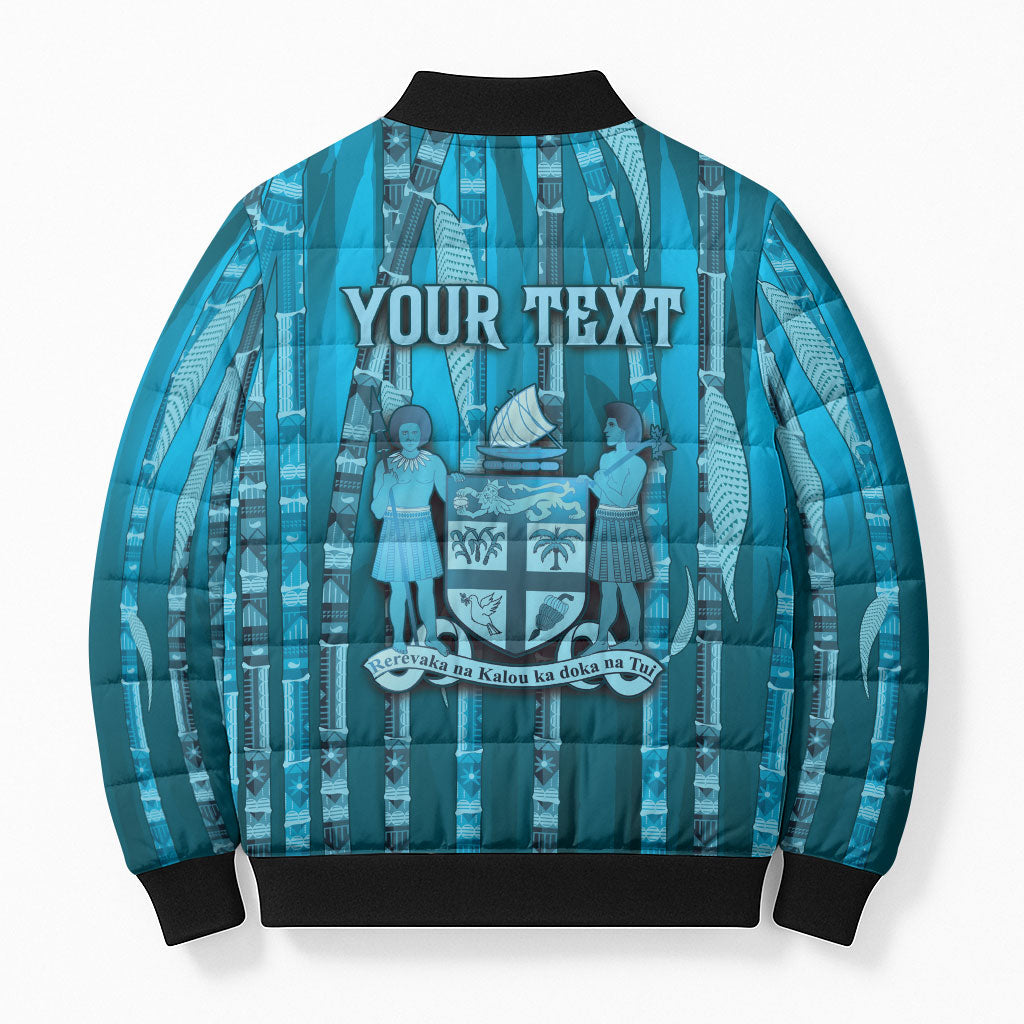 Personalised Fiji Language Week Sugarcane Masi Bomber Puffer Jacket Blue Tapa Tribal Pattern