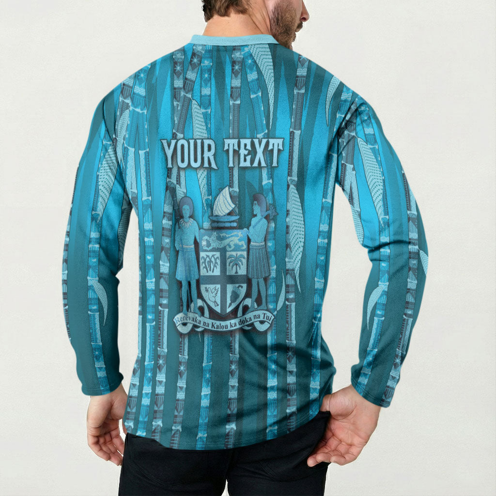 Personalised Fiji Language Week Sugarcane Masi Button Sweatshirt Blue Tapa Tribal Pattern