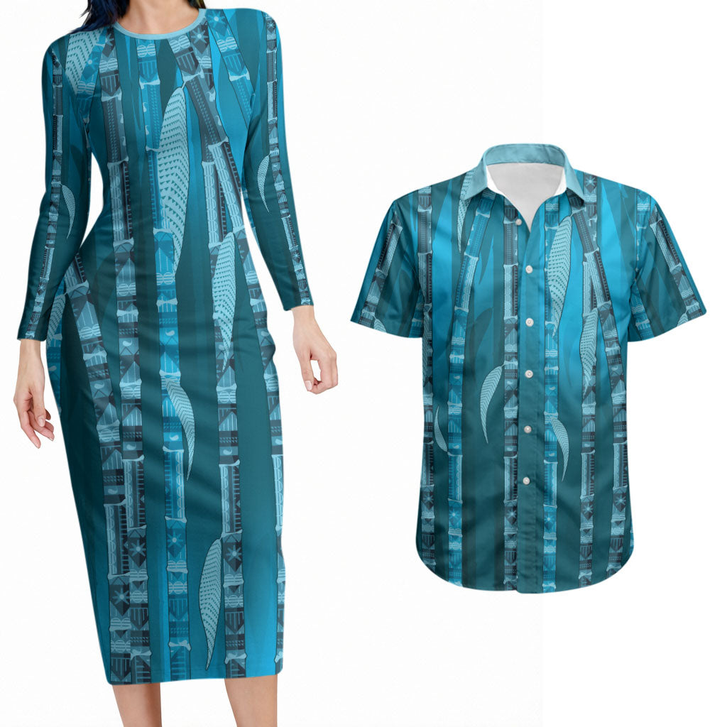 Personalised Fiji Language Week Sugarcane Masi Couples Matching Long Sleeve Bodycon Dress and Hawaiian Shirt Blue Tapa Tribal Pattern