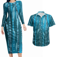 Personalised Fiji Language Week Sugarcane Masi Couples Matching Long Sleeve Bodycon Dress and Hawaiian Shirt Blue Tapa Tribal Pattern