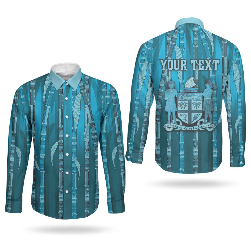 Personalised Fiji Language Week Sugarcane Masi Couples Matching Long Sleeve Bodycon Dress and Long Sleeve Button Shirt Blue Tapa Tribal Pattern