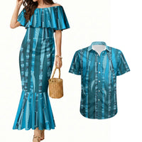 Personalised Fiji Language Week Sugarcane Masi Couples Matching Mermaid Dress and Hawaiian Shirt Blue Tapa Tribal Pattern DT05 Blue - Polynesian Pride