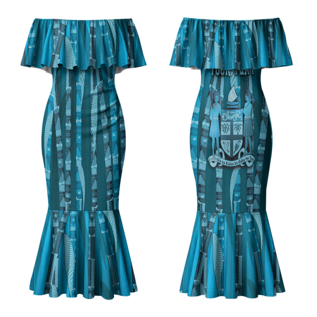Personalised Fiji Language Week Sugarcane Masi Couples Matching Mermaid Dress and Long Sleeve Button Shirt Blue Tapa Tribal Pattern DT05 - Polynesian Pride