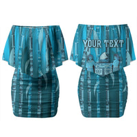 Personalised Fiji Language Week Sugarcane Masi Couples Matching Off Shoulder Short Dress and Hawaiian Shirt Blue Tapa Tribal Pattern