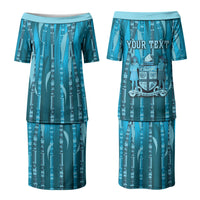 Personalised Fiji Language Week Sugarcane Masi Couples Matching Puletasi and Hawaiian Shirt Blue Tapa Tribal Pattern DT05 - Polynesian Pride