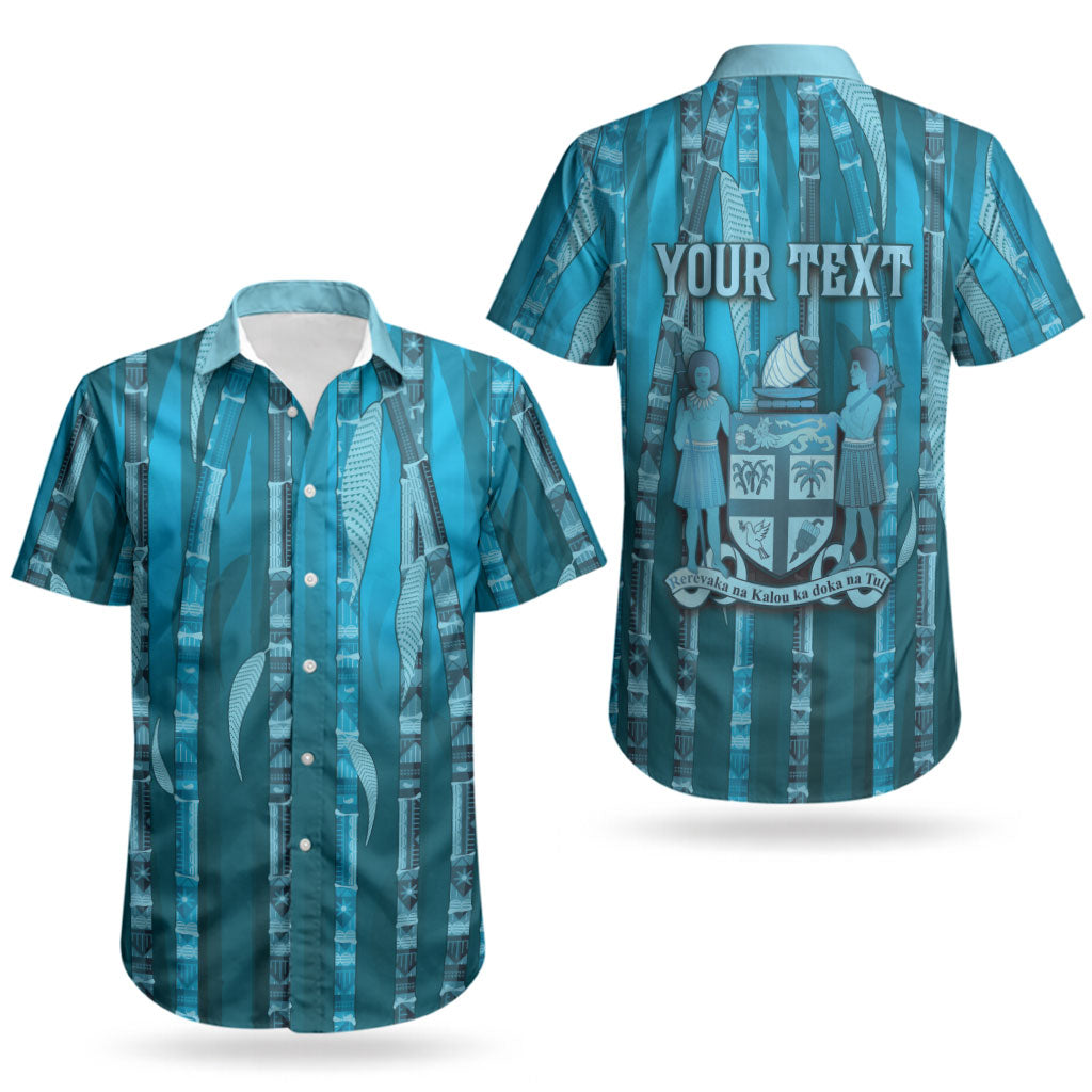 Personalised Fiji Language Week Sugarcane Masi Couples Matching Short Sleeve Bodycon Dress and Hawaiian Shirt Blue Tapa Tribal Pattern