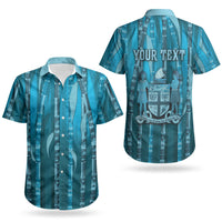 Personalised Fiji Language Week Sugarcane Masi Couples Matching Short Sleeve Bodycon Dress and Hawaiian Shirt Blue Tapa Tribal Pattern
