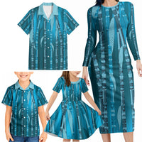Personalised Fiji Language Week Sugarcane Masi Family Matching Long Sleeve Bodycon Dress and Hawaiian Shirt Blue Tapa Tribal Pattern DT05 - Polynesian Pride