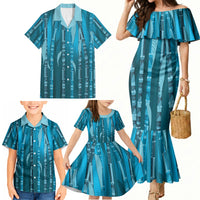 Personalised Fiji Language Week Sugarcane Masi Family Matching Mermaid Dress and Hawaiian Shirt Blue Tapa Tribal Pattern DT05 - Polynesian Pride