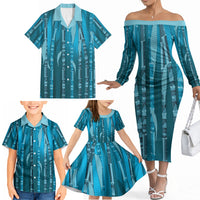 Personalised Fiji Language Week Sugarcane Masi Family Matching Off The Shoulder Long Sleeve Dress and Hawaiian Shirt Blue Tapa Tribal Pattern DT05 - Polynesian Pride