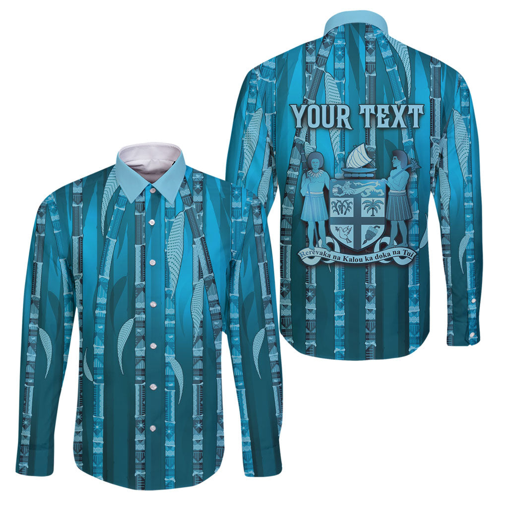 Personalised Fiji Language Week Sugarcane Masi Family Matching Off The Shoulder Long Sleeve Dress and Hawaiian Shirt Blue Tapa Tribal Pattern DT05 Dad's Shirt - Long Sleeve Blue - Polynesian Pride