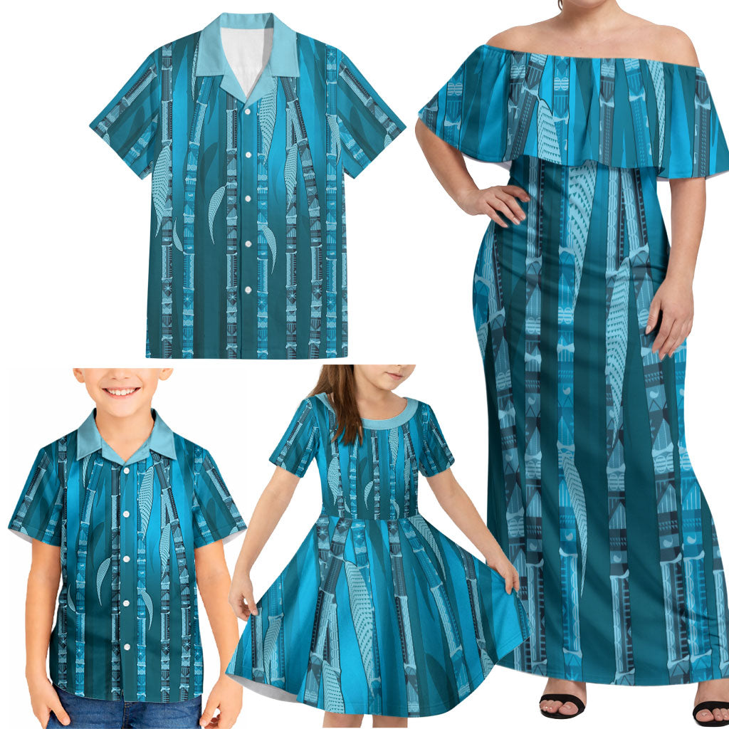 Personalised Fiji Language Week Sugarcane Masi Family Matching Off Shoulder Maxi Dress and Hawaiian Shirt Blue Tapa Tribal Pattern DT05 - Polynesian Pride