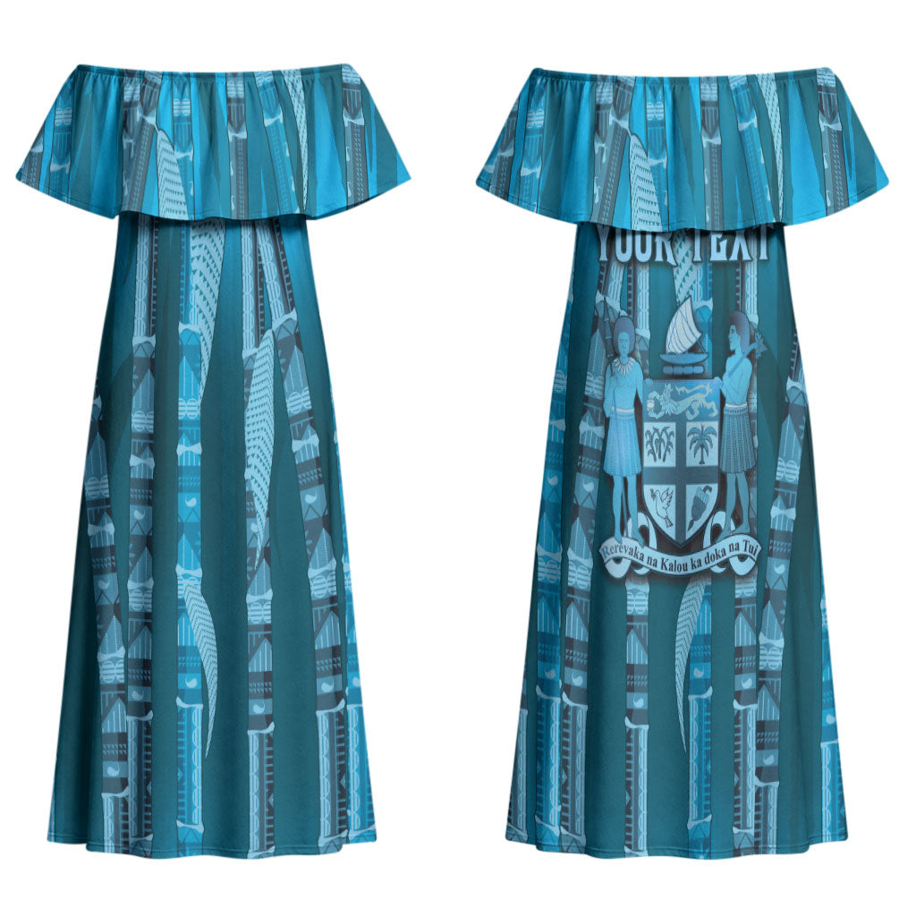 Personalised Fiji Language Week Sugarcane Masi Family Matching Off Shoulder Maxi Dress and Hawaiian Shirt Blue Tapa Tribal Pattern DT05 Mom's Dress Blue - Polynesian Pride