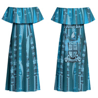 Personalised Fiji Language Week Sugarcane Masi Family Matching Off Shoulder Maxi Dress and Hawaiian Shirt Blue Tapa Tribal Pattern DT05 Mom's Dress Blue - Polynesian Pride
