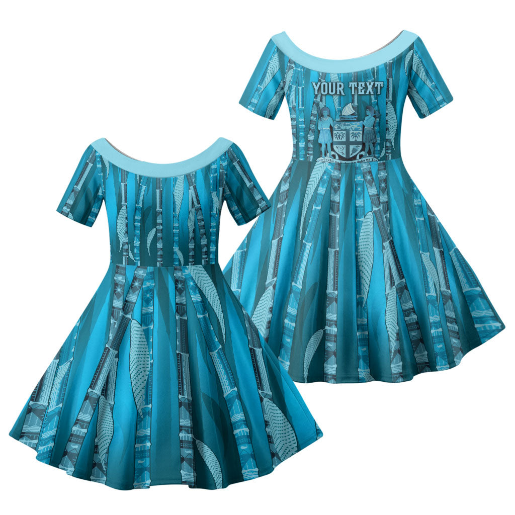 Personalised Fiji Language Week Sugarcane Masi Family Matching Off Shoulder Maxi Dress and Hawaiian Shirt Blue Tapa Tribal Pattern DT05 Daughter's Dress Blue - Polynesian Pride