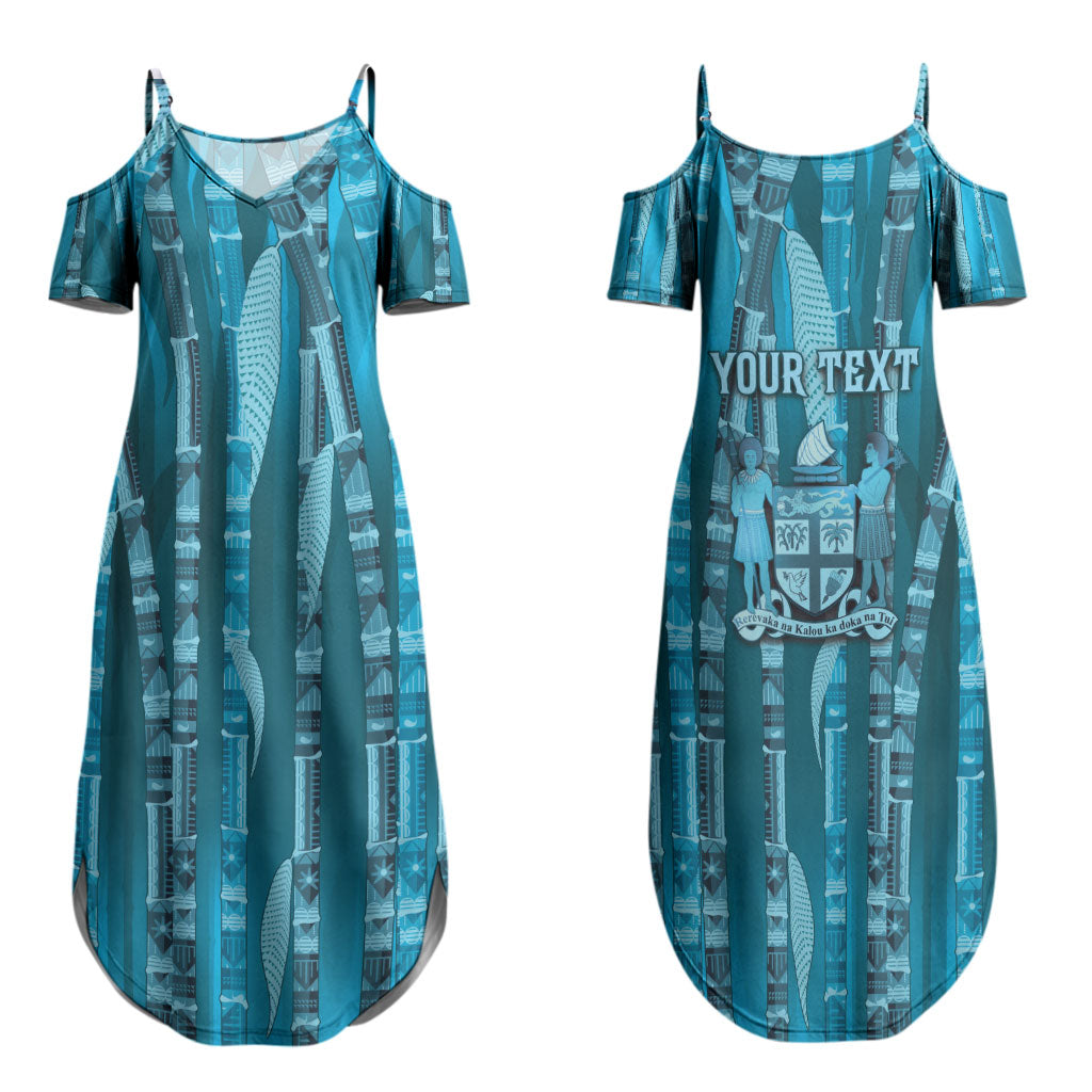 Personalised Fiji Language Week Sugarcane Masi Family Matching Summer Maxi Dress and Hawaiian Shirt Blue Tapa Tribal Pattern DT05 Mom's Dress Blue - Polynesian Pride