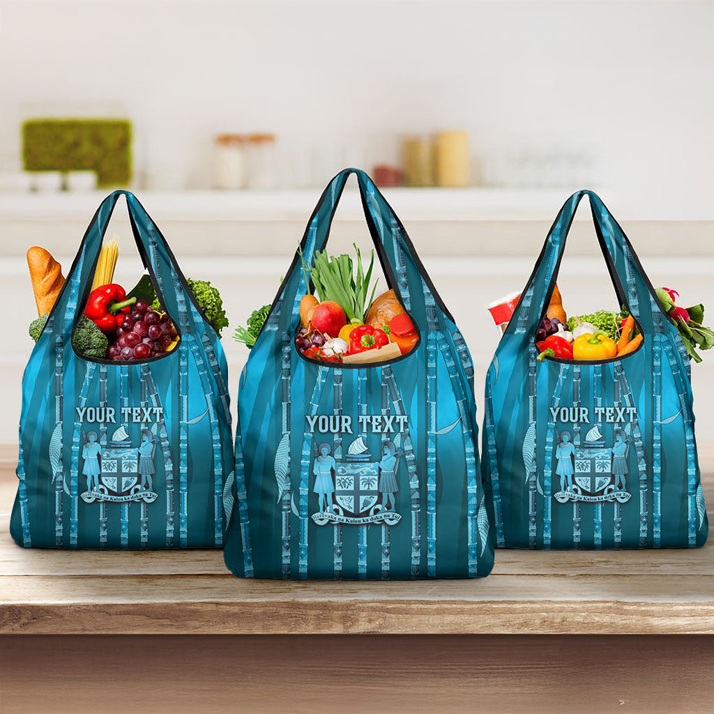 Personalised Fiji Language Week Sugarcane Masi Grocery Bag Blue Tapa Tribal Pattern