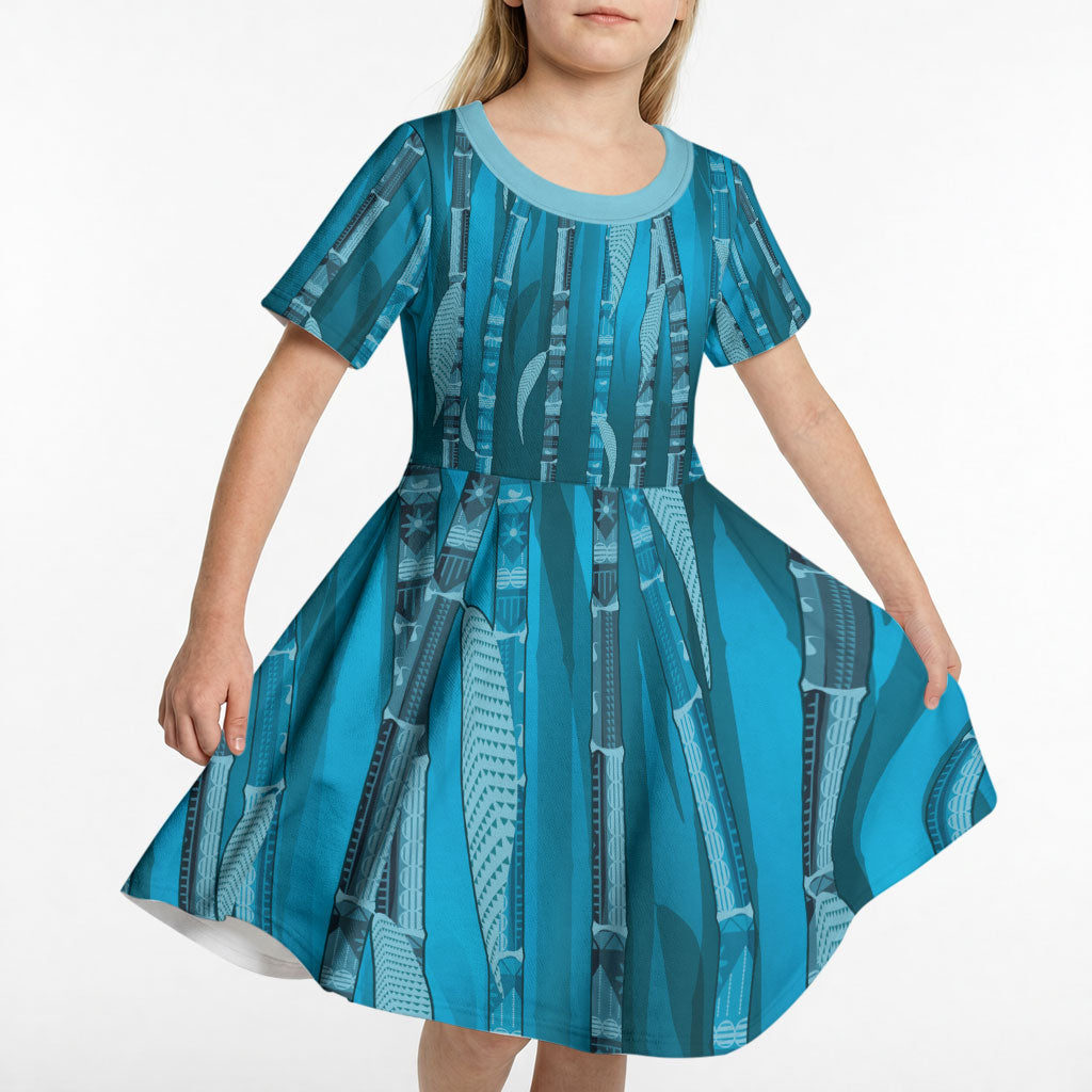 Personalised Fiji Language Week Sugarcane Masi Kid Short Sleeve Dress Blue Tapa Tribal Pattern