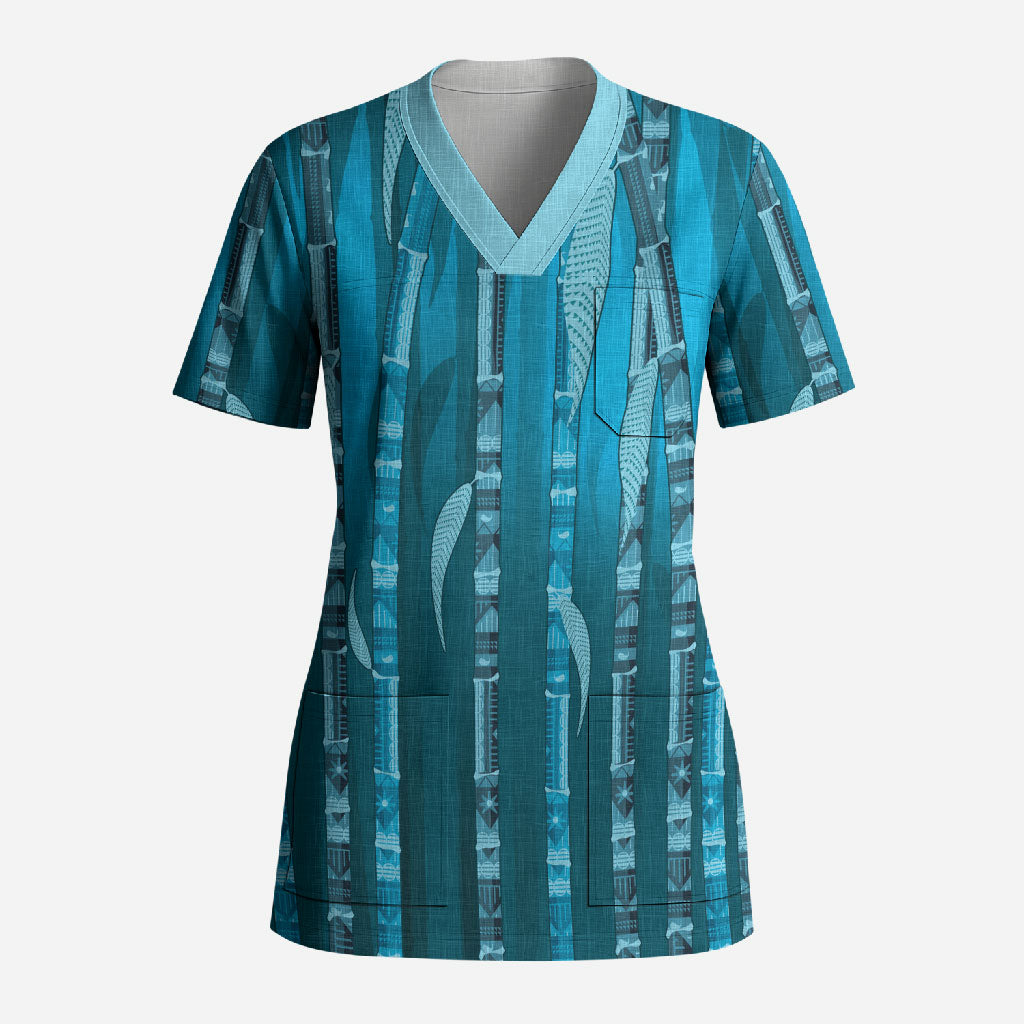 Personalised Fiji Language Week Sugarcane Masi Scrub Top Blue Tapa Tribal Pattern DT05 Adult Blue - Polynesian Pride