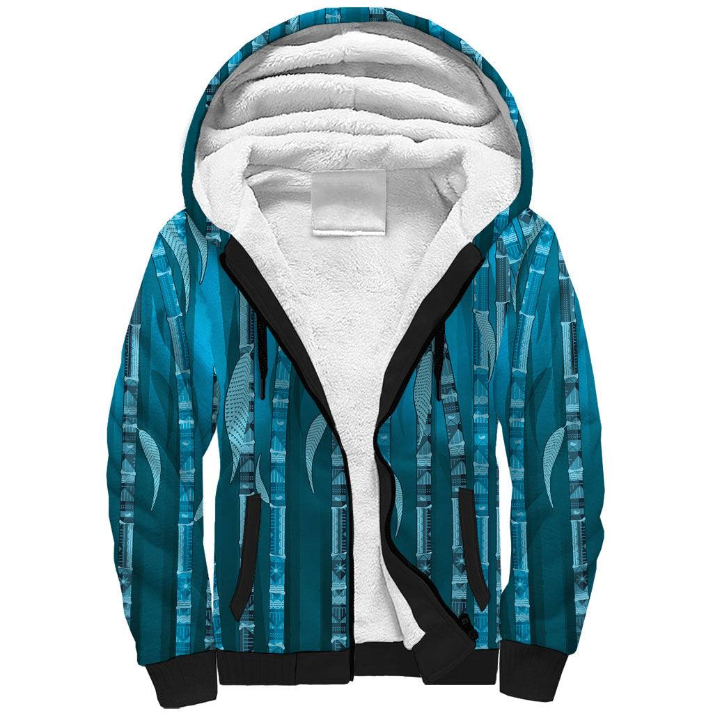 Personalised Fiji Language Week Sugarcane Masi Sherpa Hoodie Blue Tapa Tribal Pattern