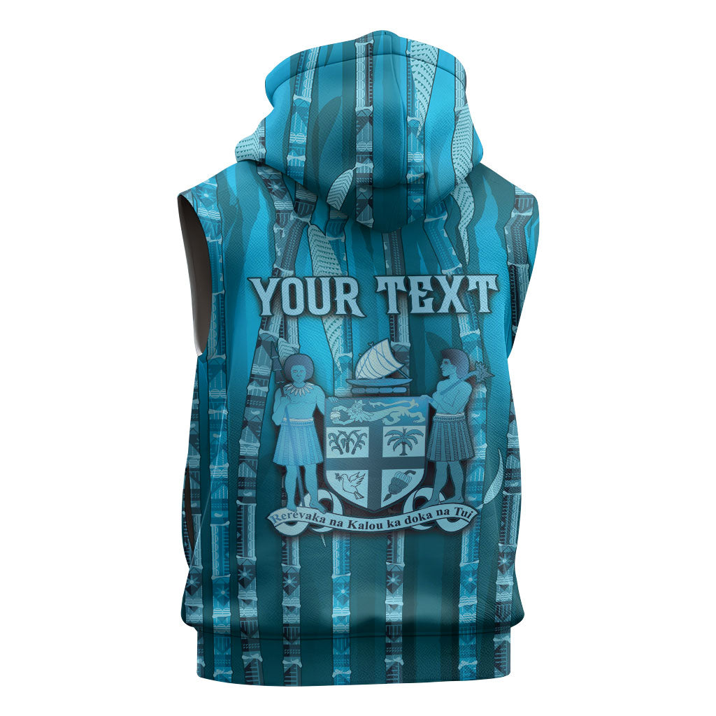 Personalised Fiji Language Week Sugarcane Masi Sleeveless Hoodie Blue Tapa Tribal Pattern