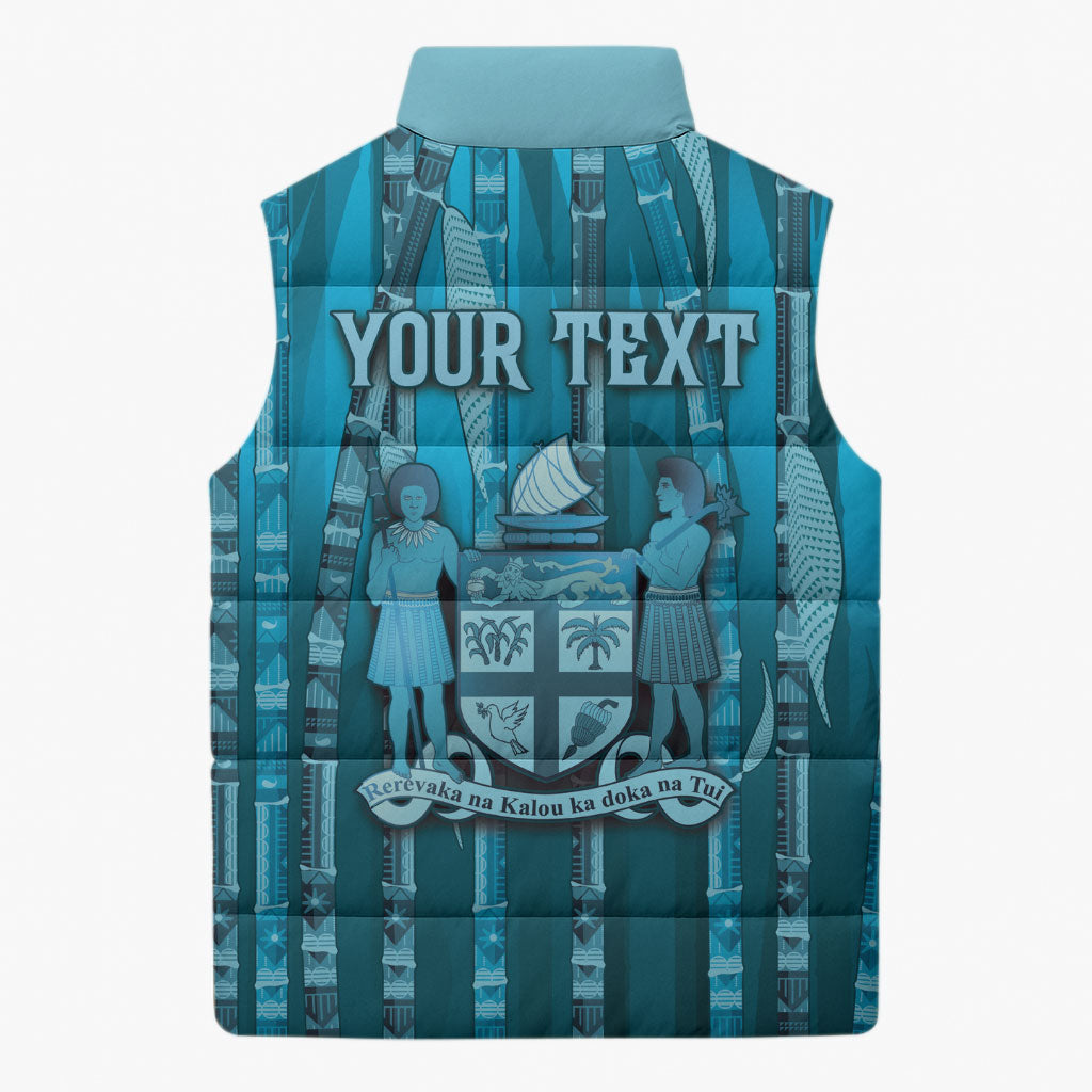 Personalised Fiji Language Week Sugarcane Masi Sleeveless Puffer Jacket Blue Tapa Tribal Pattern
