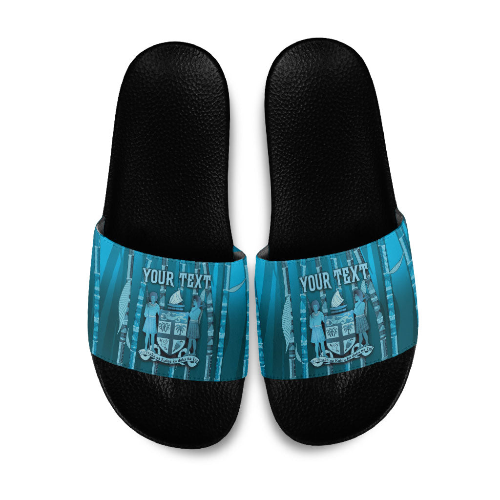 Personalised Fiji Language Week Sugarcane Masi Slide Sandals Blue Tapa Tribal Pattern