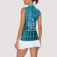 Personalised Fiji Language Week Sugarcane Masi Women Sleeveless Polo Shirt Blue Tapa Tribal Pattern DT05 - Polynesian Pride
