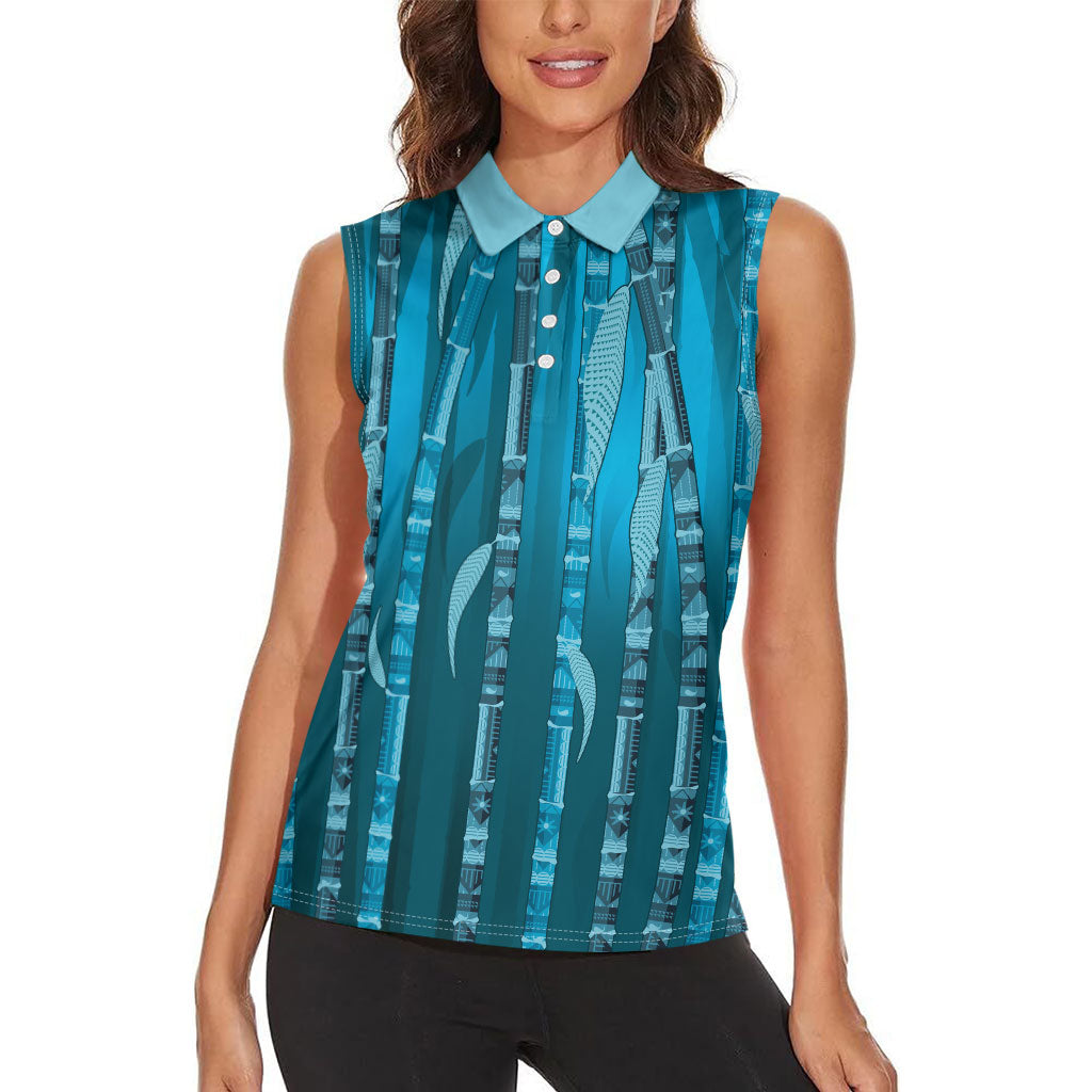 Personalised Fiji Language Week Sugarcane Masi Women Sleeveless Polo Shirt Blue Tapa Tribal Pattern DT05 - Polynesian Pride