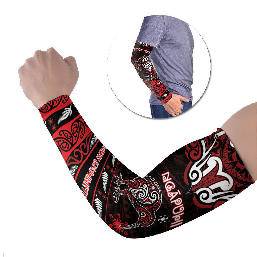 Personalised Ngapuhi Aotearoa Meri Kirihimete Arm Sleeves Maori Kiwi Bird Silver Fern Koru Pattern DT05 Set of 2 Red - Polynesian Pride