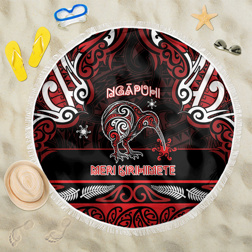 Ngapuhi Aotearoa Meri Kirihimete Beach Blanket Maori Kiwi Bird Silver Fern Koru Pattern DT05 One Size 150cm Red - Polynesian Pride
