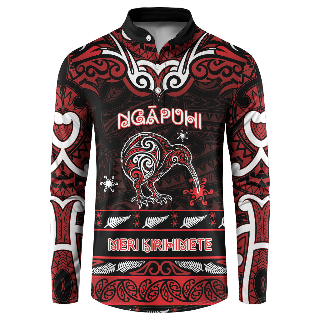 Personalised Ngapuhi Aotearoa Meri Kirihimete Button Sweatshirt Maori Kiwi Bird Silver Fern Koru Pattern DT05 Red - Polynesian Pride