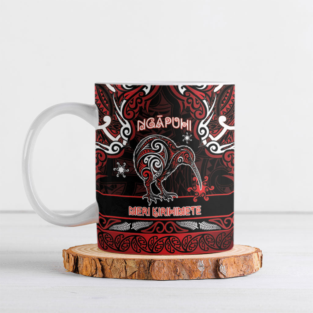Personalised Ngapuhi Aotearoa Meri Kirihimete Ceramic Mug Maori Kiwi Bird Silver Fern Koru Pattern DT05 Red - Polynesian Pride